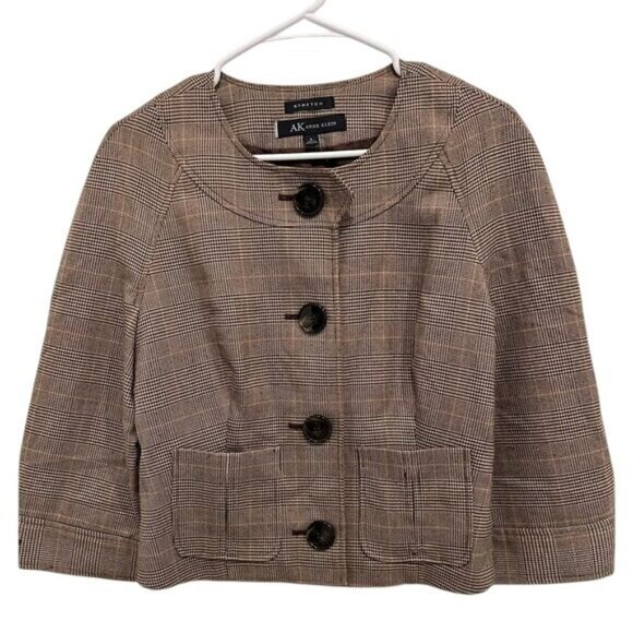 Anne Klein Brown Plaid Cropped Button Jacket With Pockets & 3/4 Sleeves Womens S - Picture 1 of 14